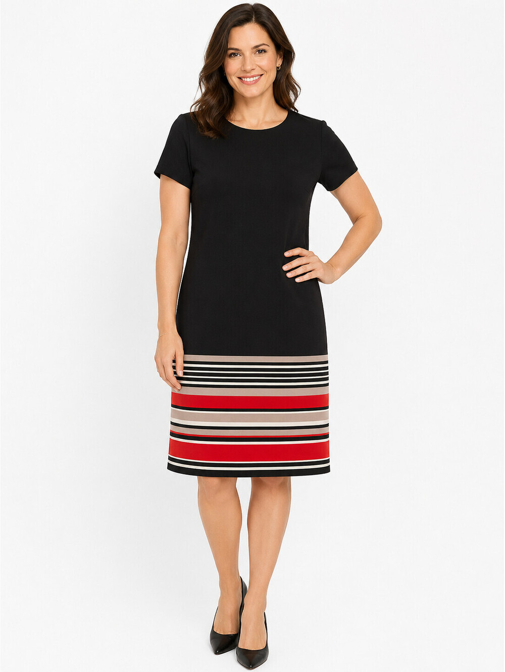 Premise Size 10 Black Shift Dress Striped Hem Gold Back Zipper NWT Knee Length